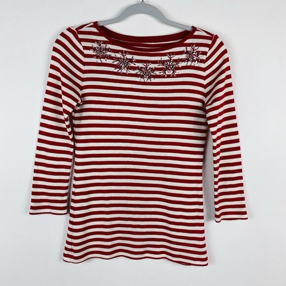 Talbots Size XS Striped Snowflake Embellished T-Shirt Tee Top Red White - Picture 1 of 5